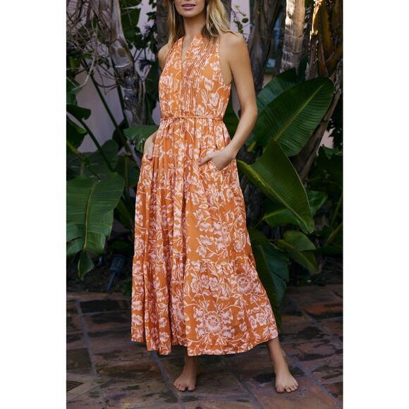 Hermoza Hildi Dress M Orange Floral Maxi Sleeveless Pleated Linen Blend NWT - Picture 1 of 6